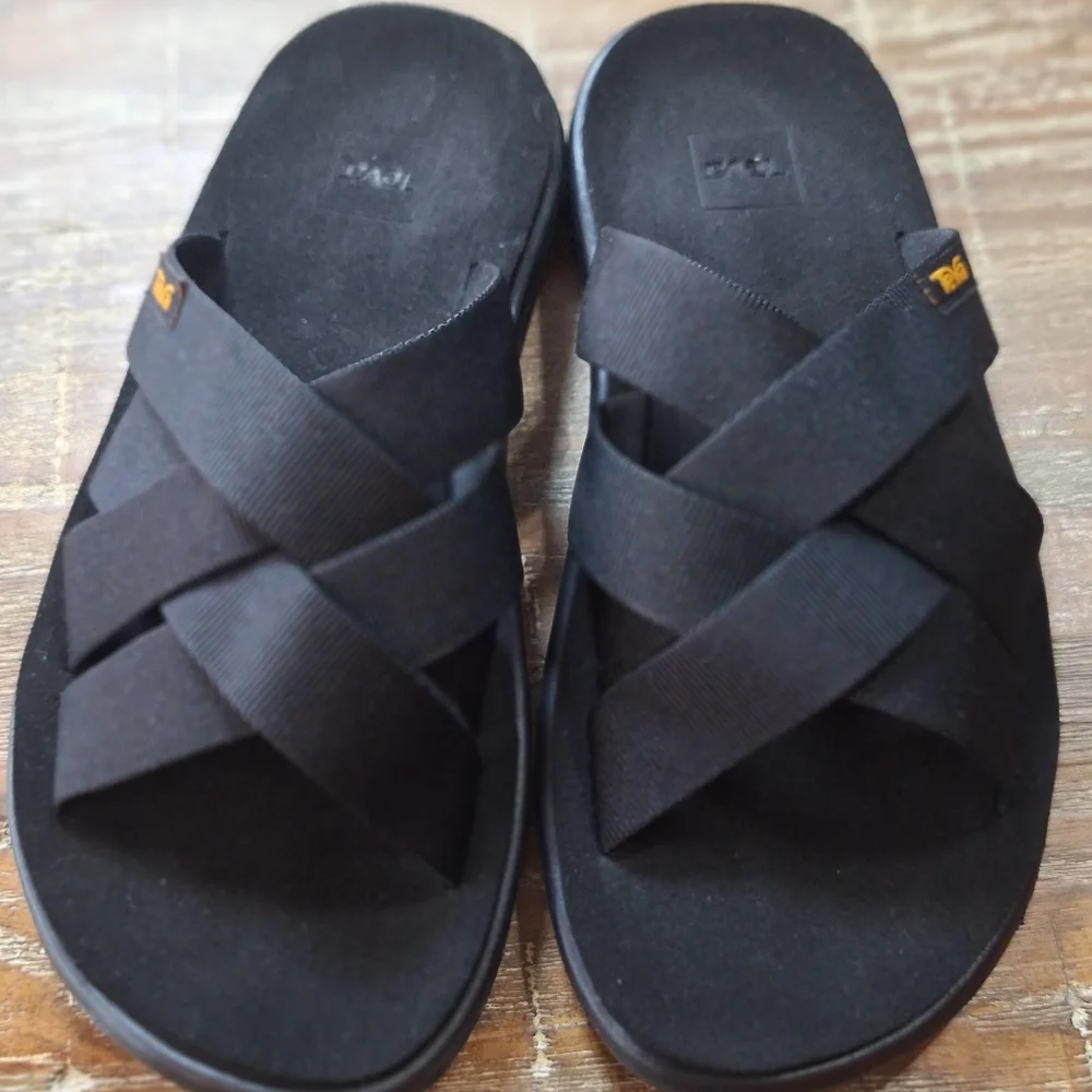 eva Voya Slide Black Strappy Comfort Shoe Mens‎ Flip Flops Size 7 w/Arch Support